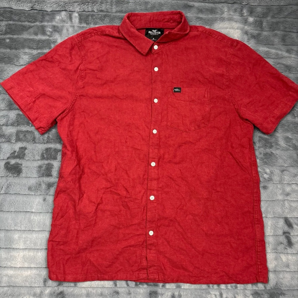 Hollister Mens XL Red Short Sleeve Button Down Shirt 100% Cotton Textured Pocket